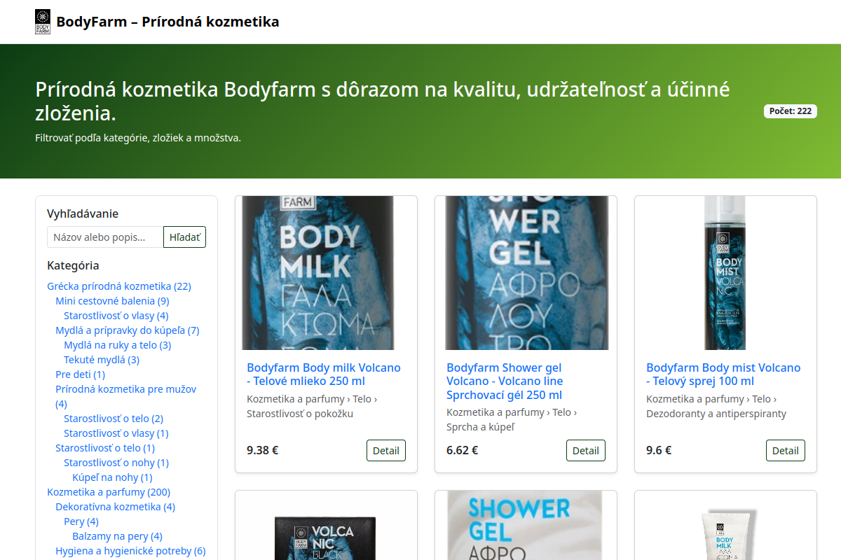 Náhľad webu BodyFarm.sk – grécka prírodná kozmetika na telo, pleť a vlasy