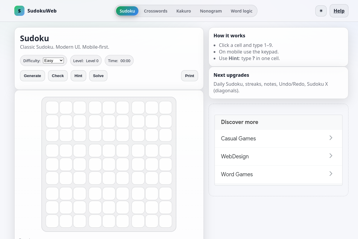 Náhľad webu SudokuWeb.eu – online sudoku, hlavolamy a logické hry v prehliadači
