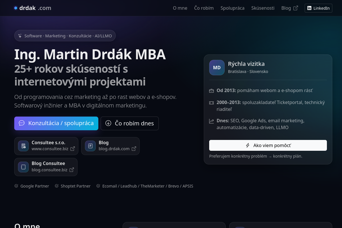 Náhľad webu Martin Drdák – software, marketing, SEO, automatizácie a LLMO