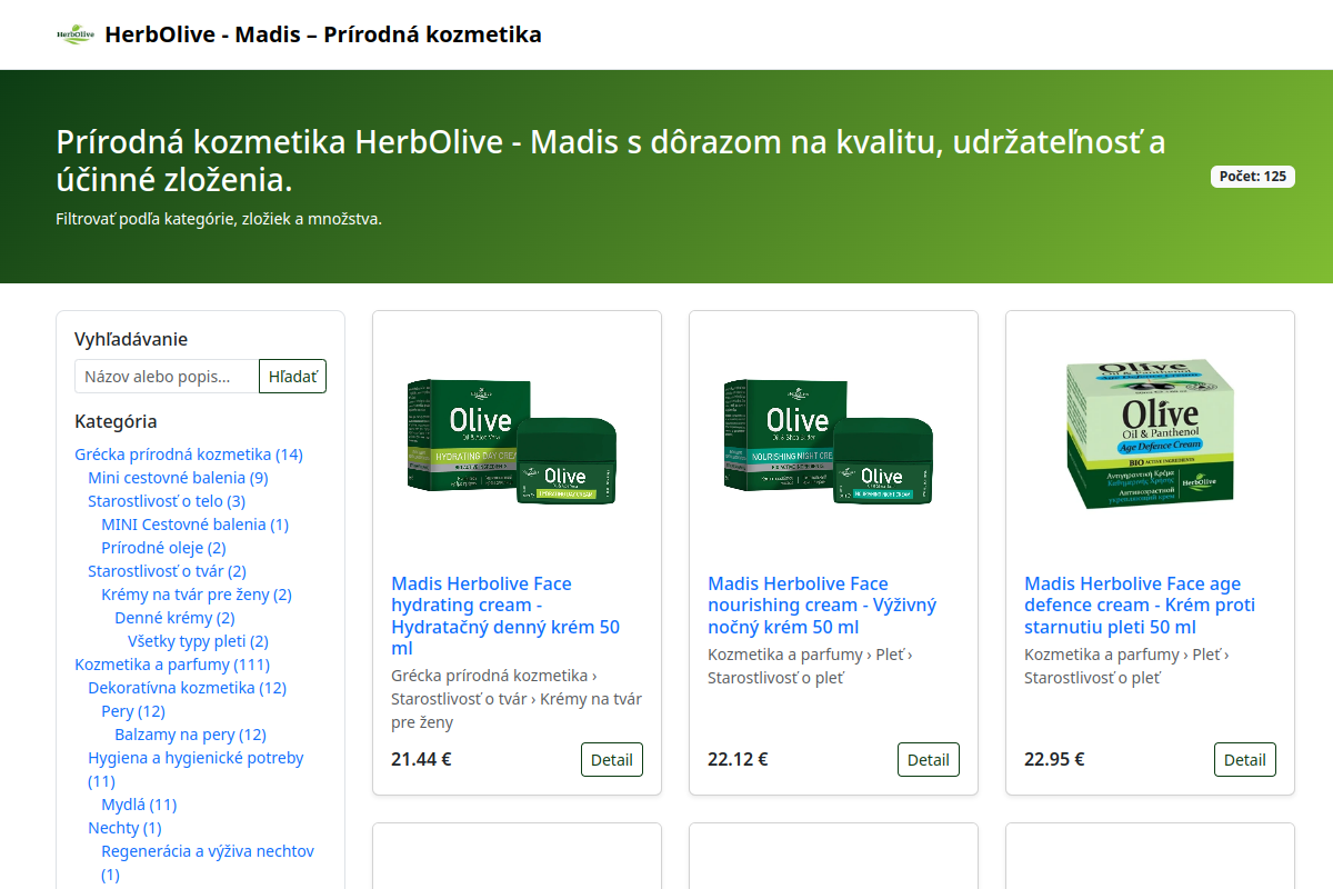 Náhľad webu HerbOlive.sk – grécka prírodná kozmetika HerbOlive a Madis