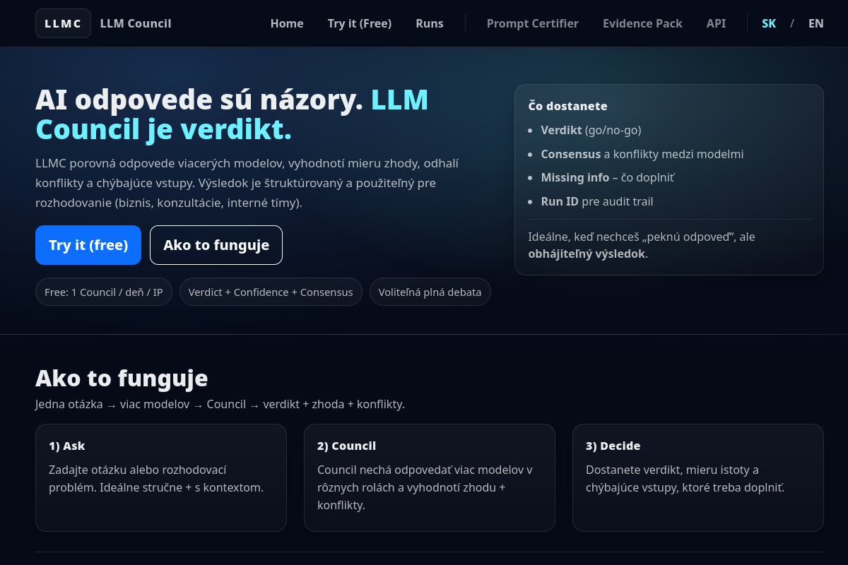 Náhľad webu LLMC.pro – LLM Council pre porovnanie AI odpovedí a rozhodovací verdikt