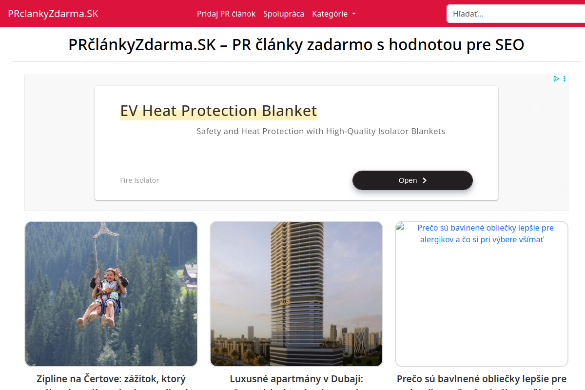 Náhľad webu PRclankyZdarma.sk – publikovanie PR článkov zadarmo