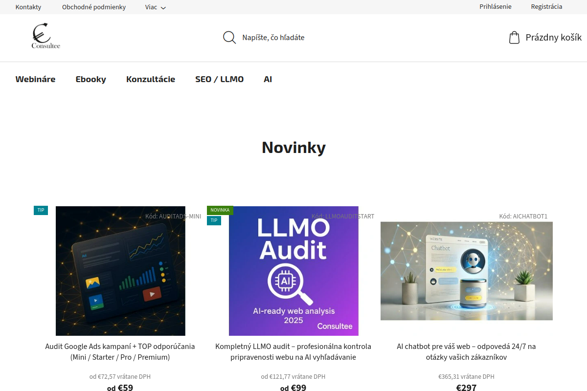 Náhľad webu Consultee e-shop – e-booky, školenia, SEO, LLMO, AI a marketingové služby